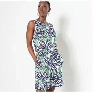 J Jason Wu Linen Romper Blue Palm Tropical Women's Size Small Playsuit Jumpsuit